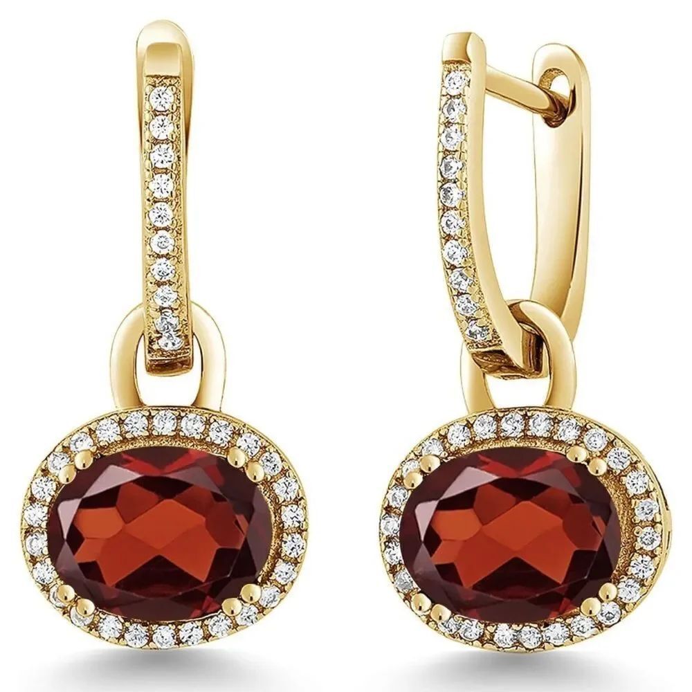 18K Yellow Gold 925 with 4.44 Cttw Garnet Oval Dangling French Lock Earrings